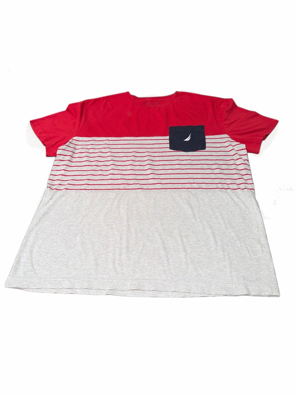 Nautica Red, Navy & Light Gray Striped Pocket Tee
